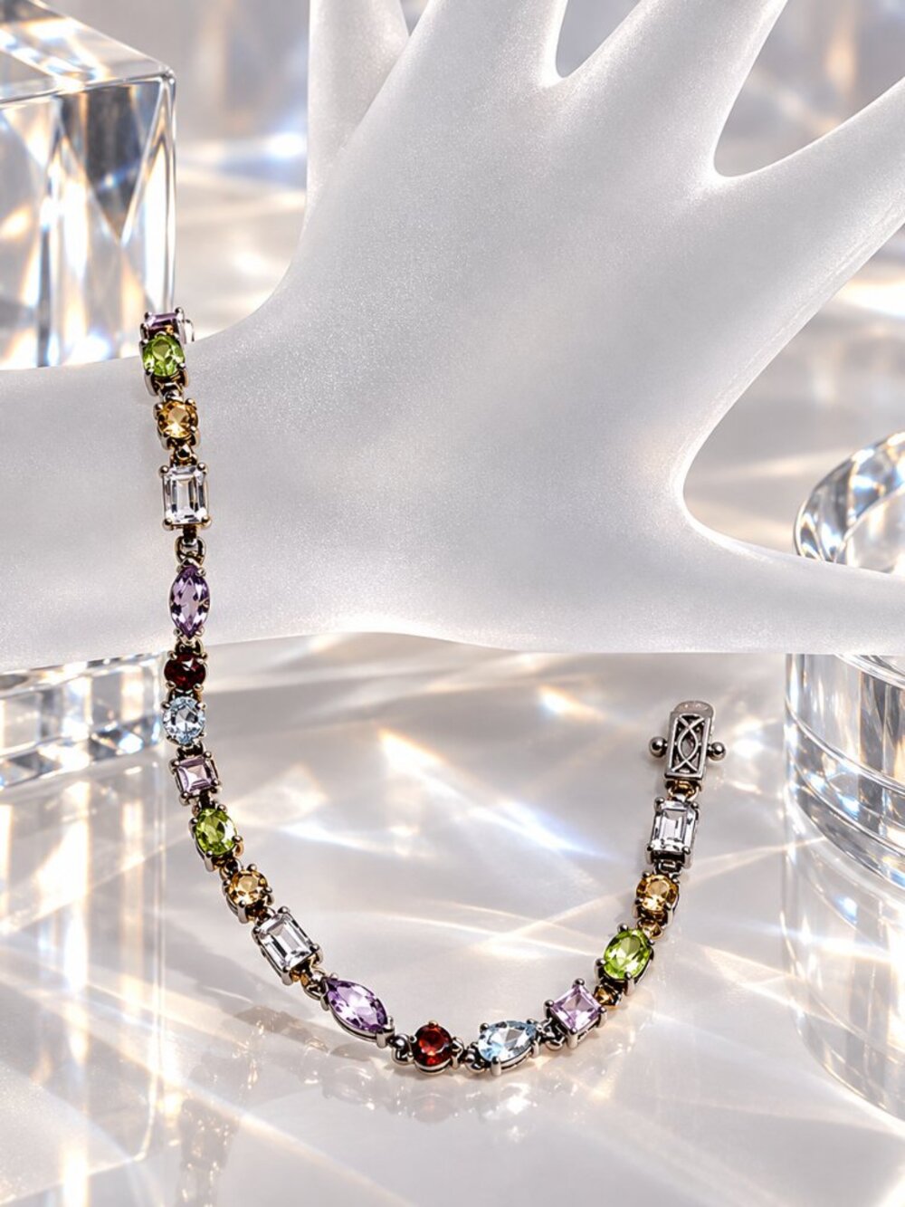Elegant Bracelet of Many Color Gemstones Sterling Silver Rare Multi Shape Cuts